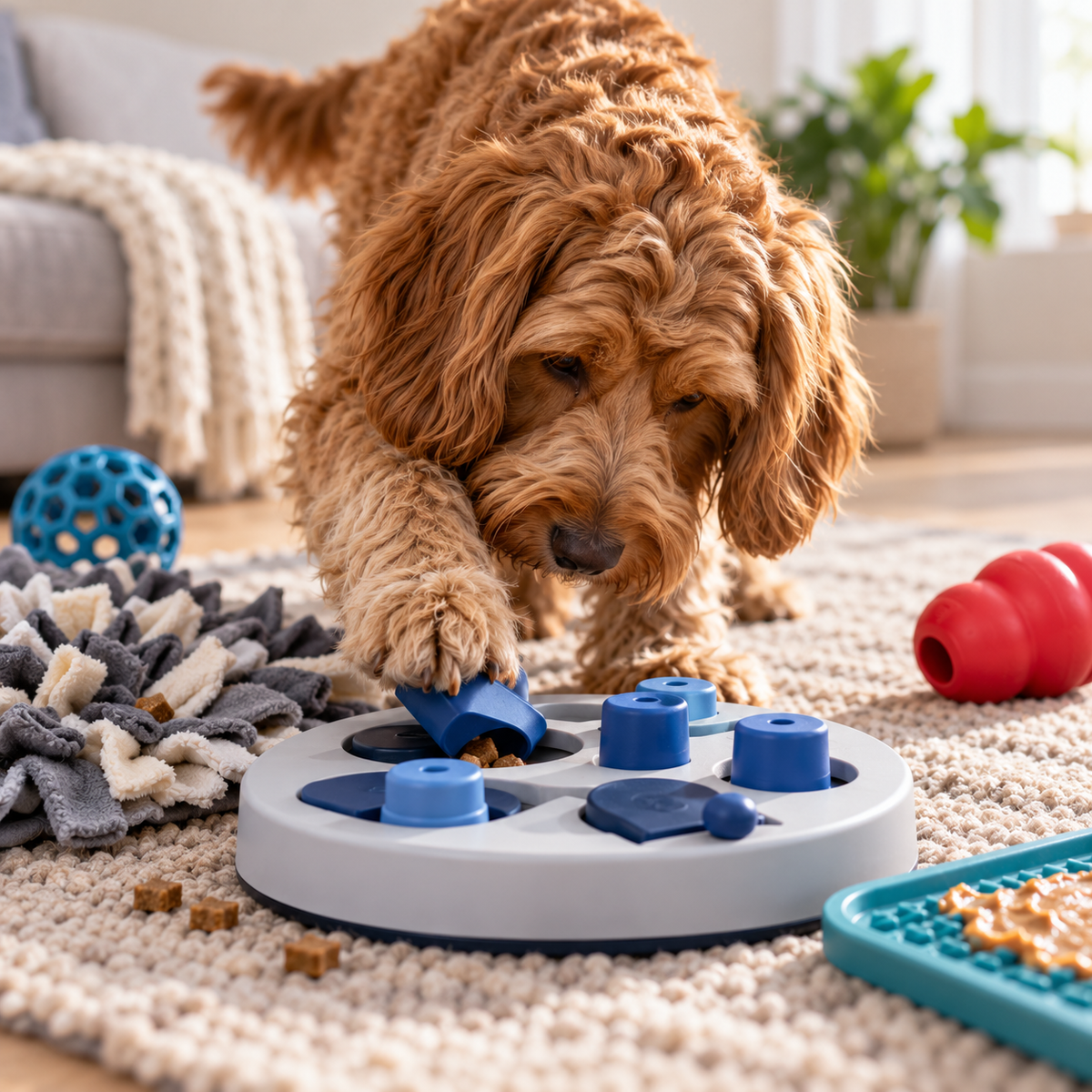 Hund som bruker Trixie aktivitetsleke til hjernetrim og mental stimulering hjemme