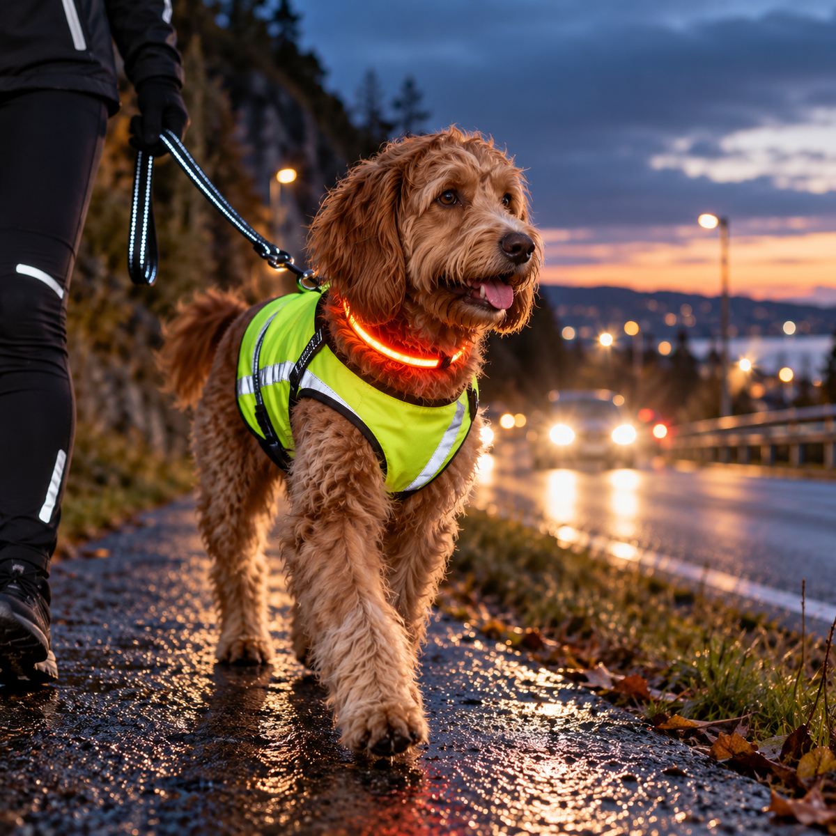 Hund med refleksvest og lysende LED-halsbånd på tur i mørket langs en norsk vei.