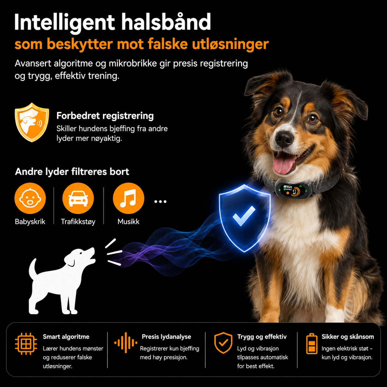Automatisk bjeffehalsbånd med intelligent registrering utviklet for å redusere feilaktivering fra andre lyder