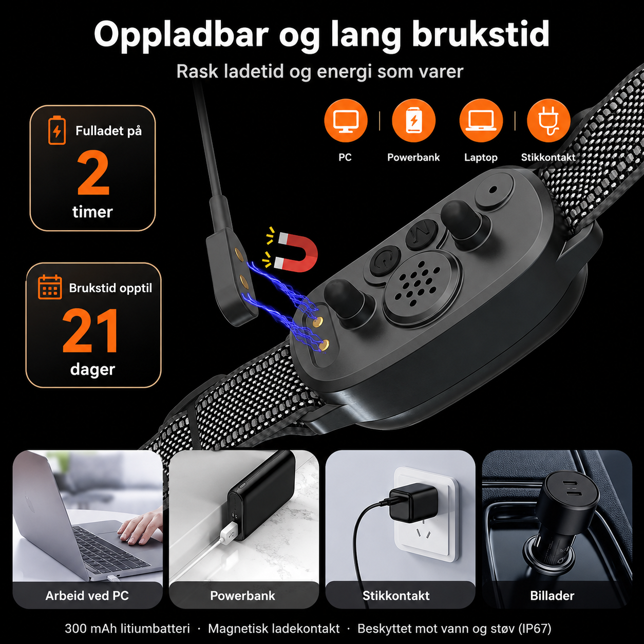 Oppladbart bjeffehalsbånd med 300 mAh batteri og ca. 2 timers ladetid