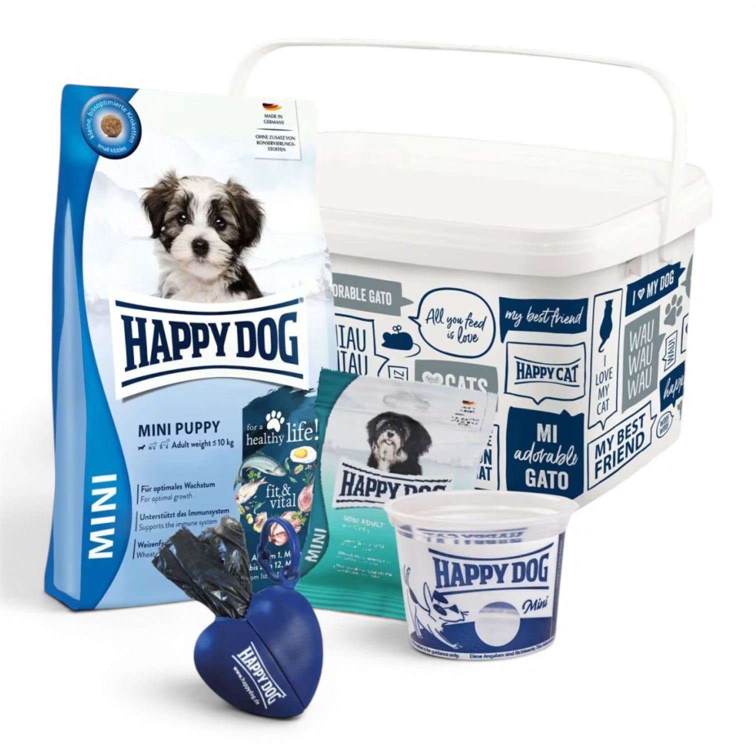 Happy Dog valpepakke Mini med valpefôr, fôrbøtte, målebeger og hundeposeholder
