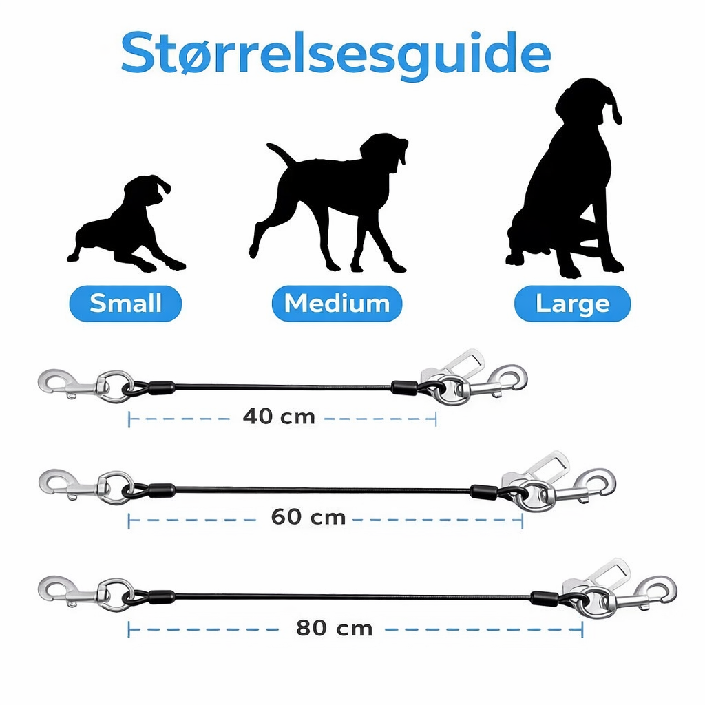 Hundebilbelte med stålwire – bitesikkert (40-60-80 cm)