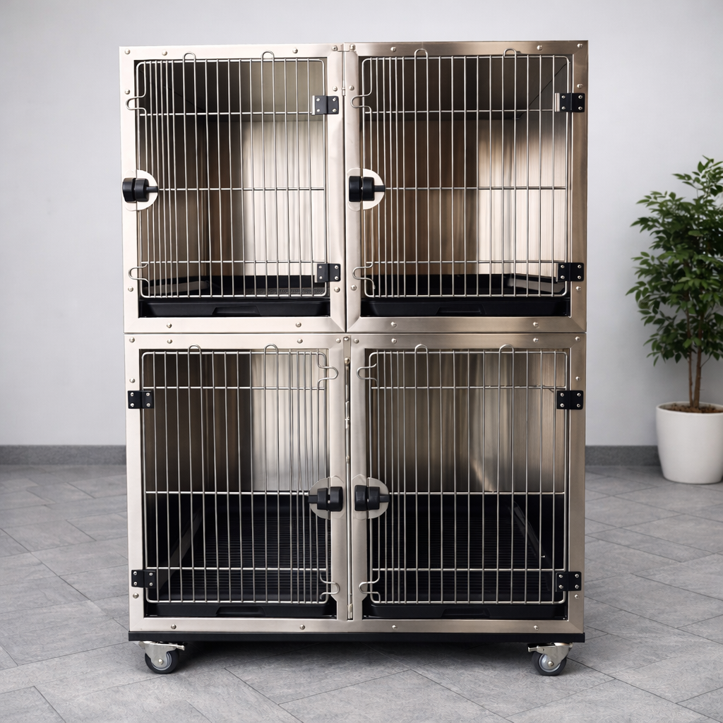Kennelmodul i rustfritt stål – 1 stort + 2 medium veterinærbur | Komplett oppstallingspakke (bestillingsvare)