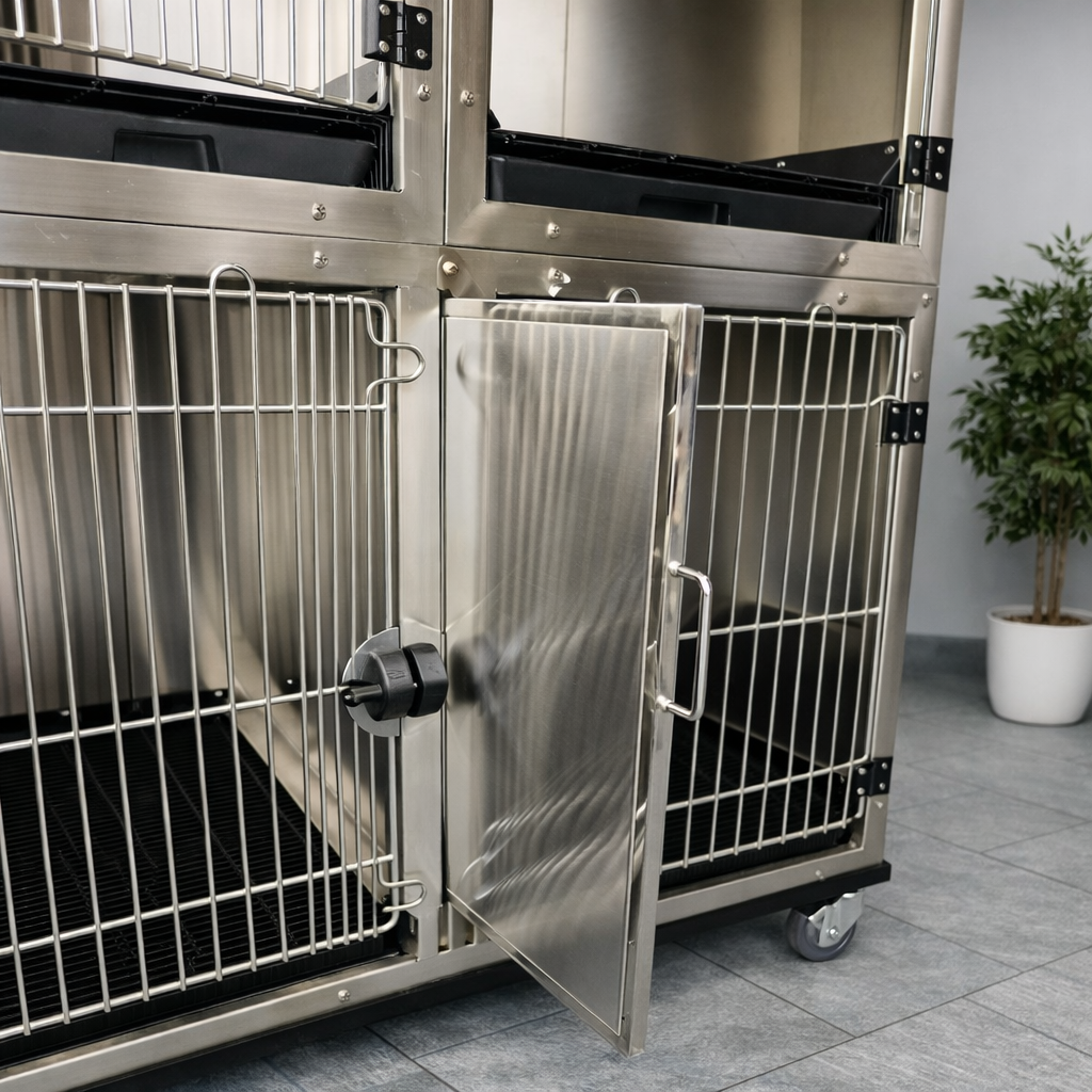 Kennelmodul i rustfritt stål – 1 stort + 2 medium veterinærbur | Komplett oppstallingspakke (bestillingsvare)