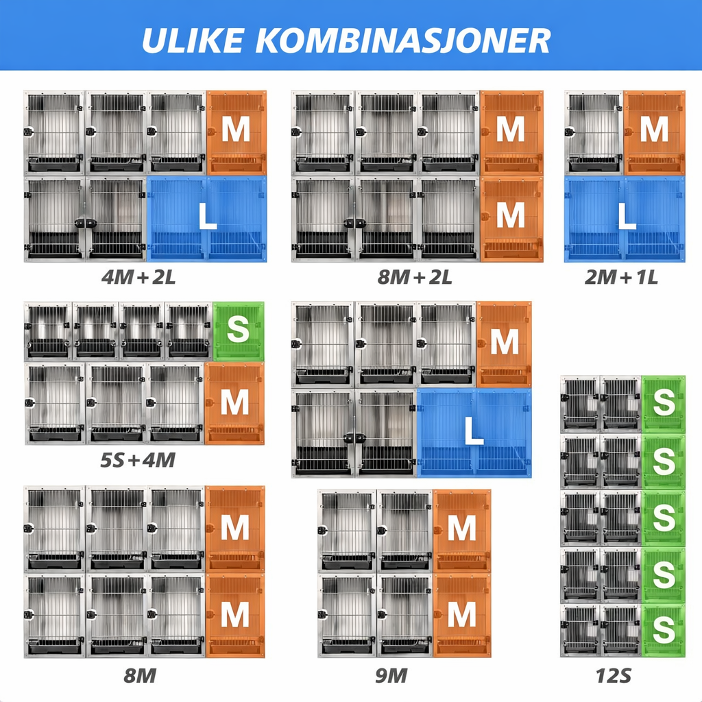 Kennelmodul i rustfritt stål – 1 stort + 2 medium veterinærbur | Komplett oppstallingspakke (bestillingsvare)