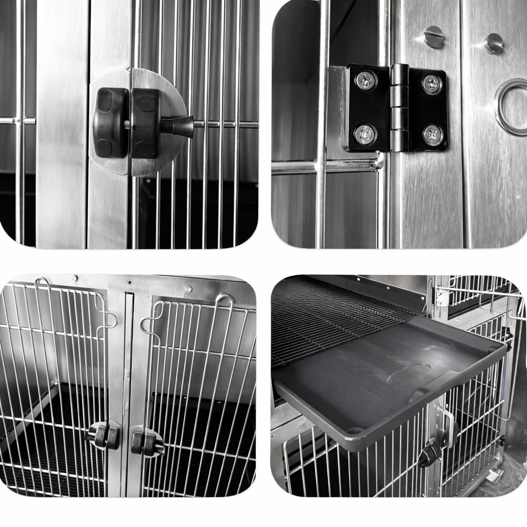 Kennelmodul i rustfritt stål – 1 stort + 2 medium veterinærbur | Komplett oppstallingspakke (bestillingsvare)