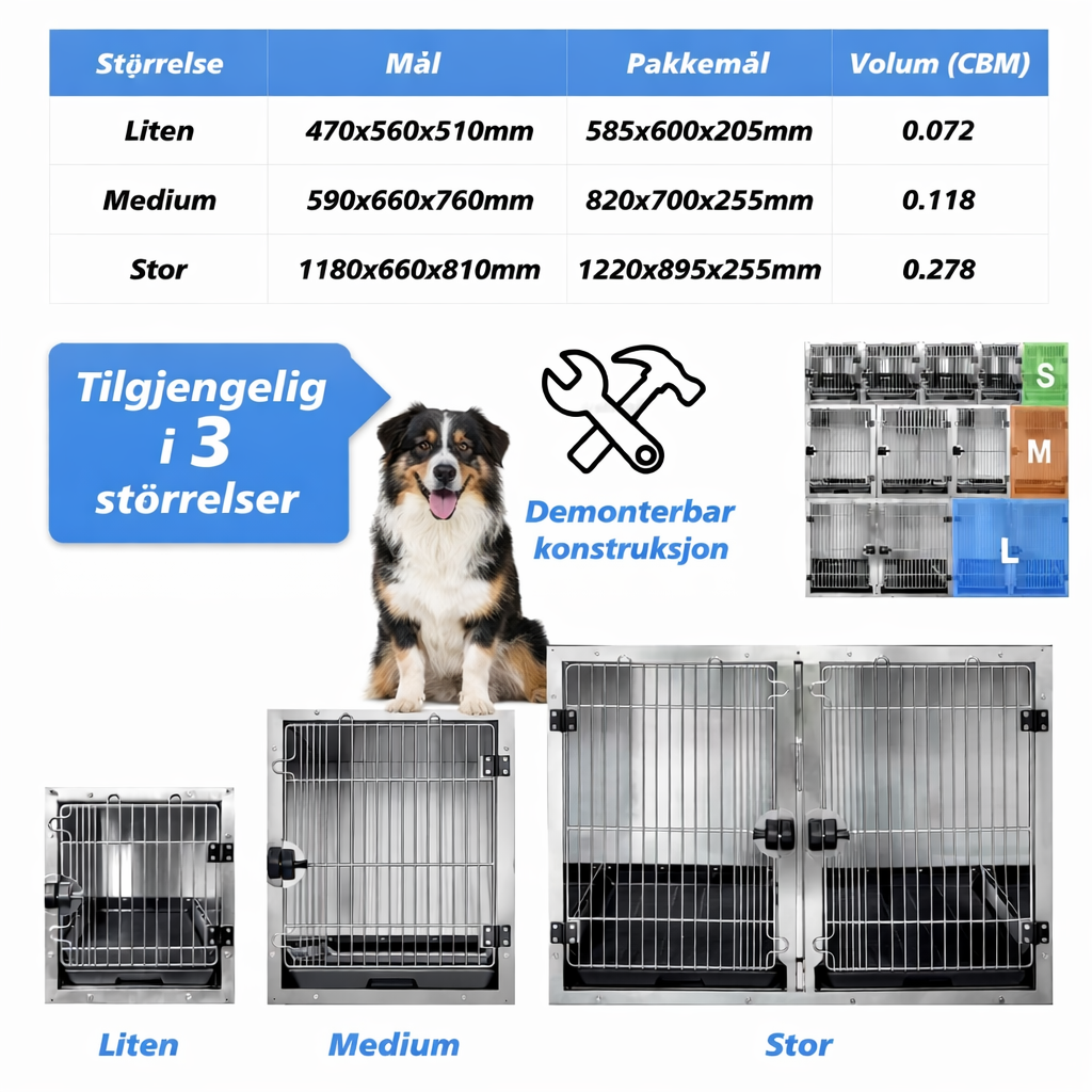 Kennelmodul i rustfritt stål – 1 stort + 2 medium veterinærbur | Komplett oppstallingspakke (bestillingsvare)