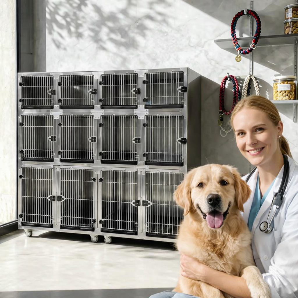 Kennelmodul i rustfritt stål – 1 stort + 2 medium veterinærbur | Komplett oppstallingspakke (bestillingsvare)