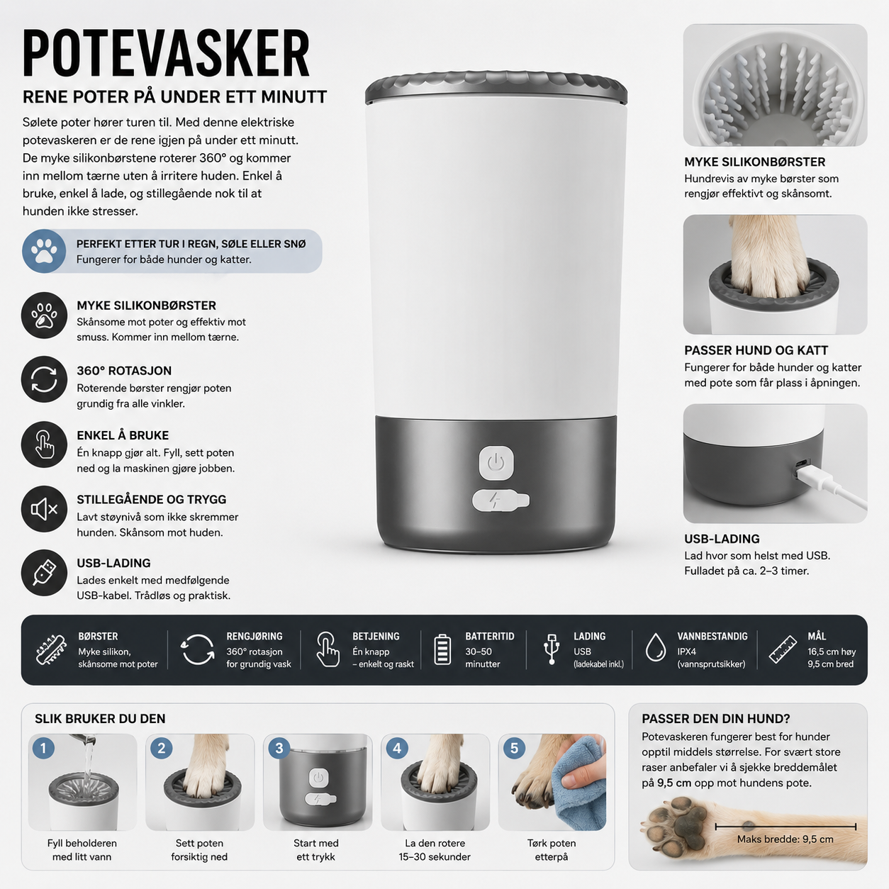 Elektrisk potevasker for hund og katt