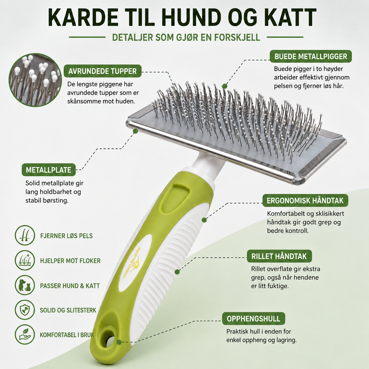 Pelsbørste til hund og katt – karde med buede pigger