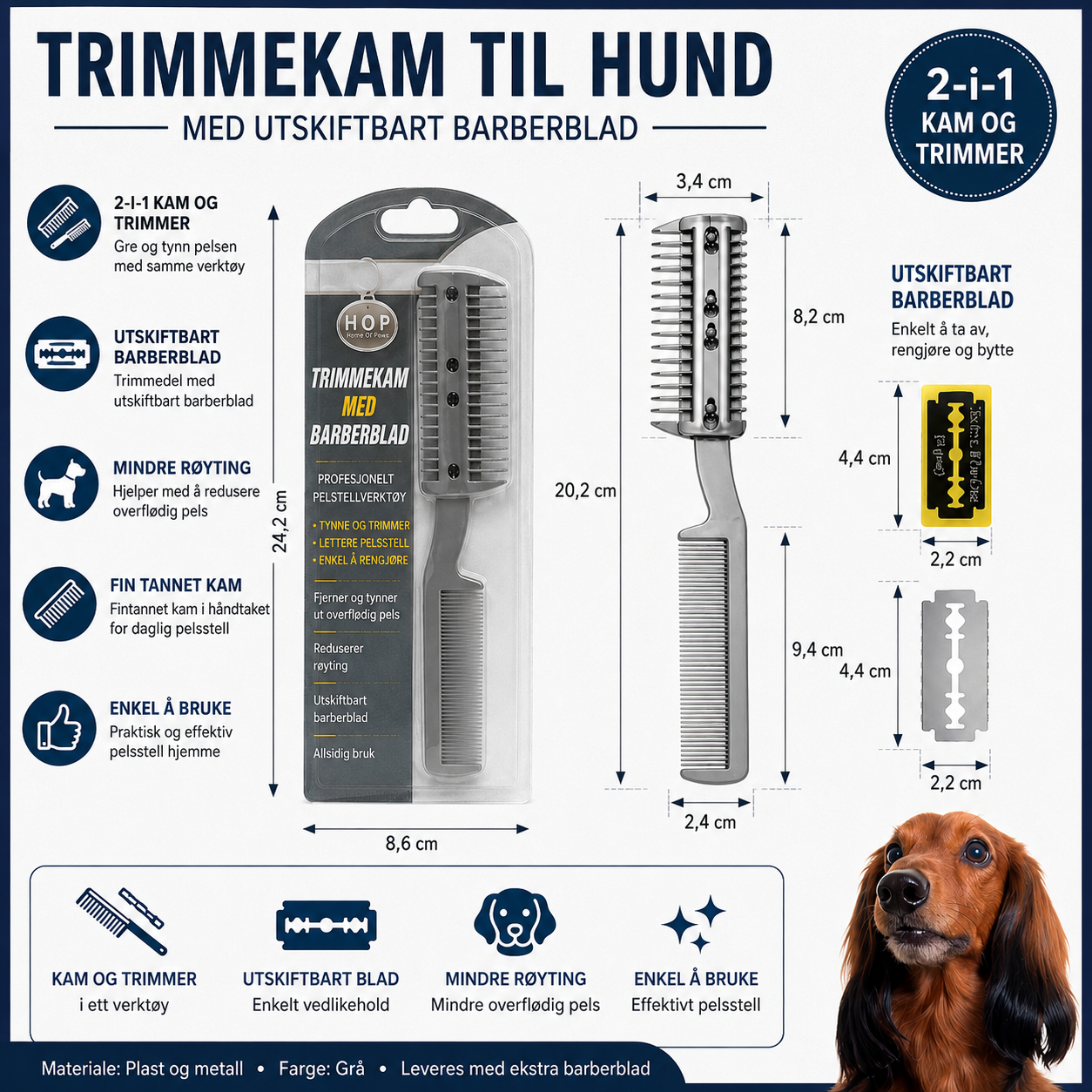 Trimmekam til hund med utskiftbart barberblad
