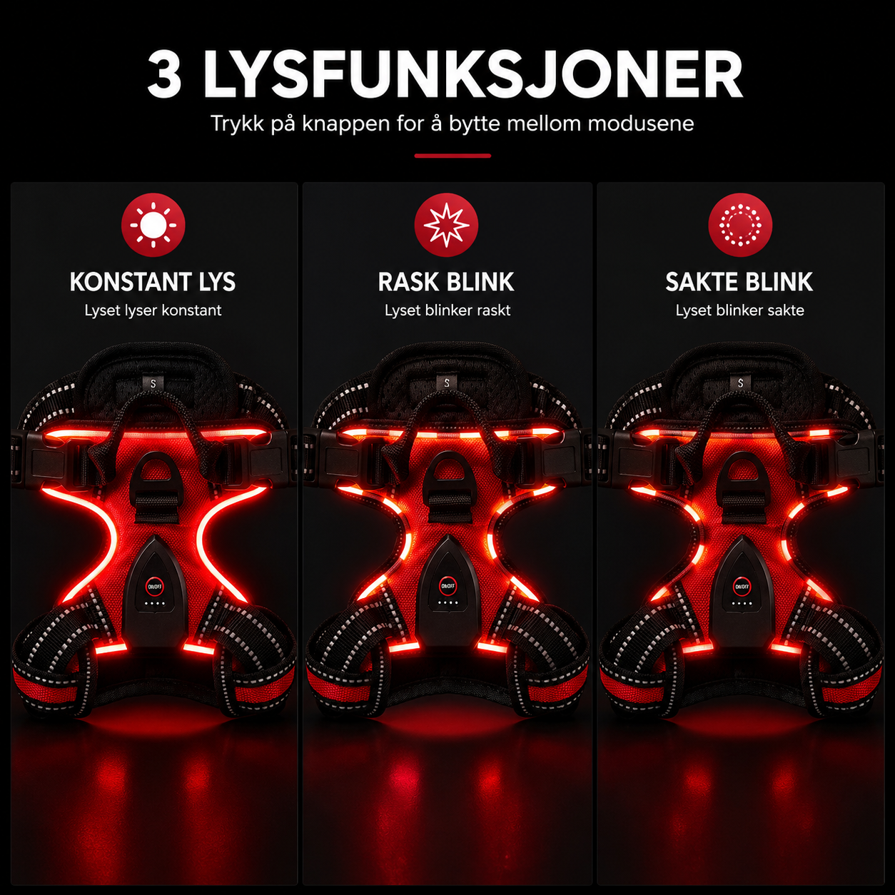 Hundesele med LED-lys og refleks – rød