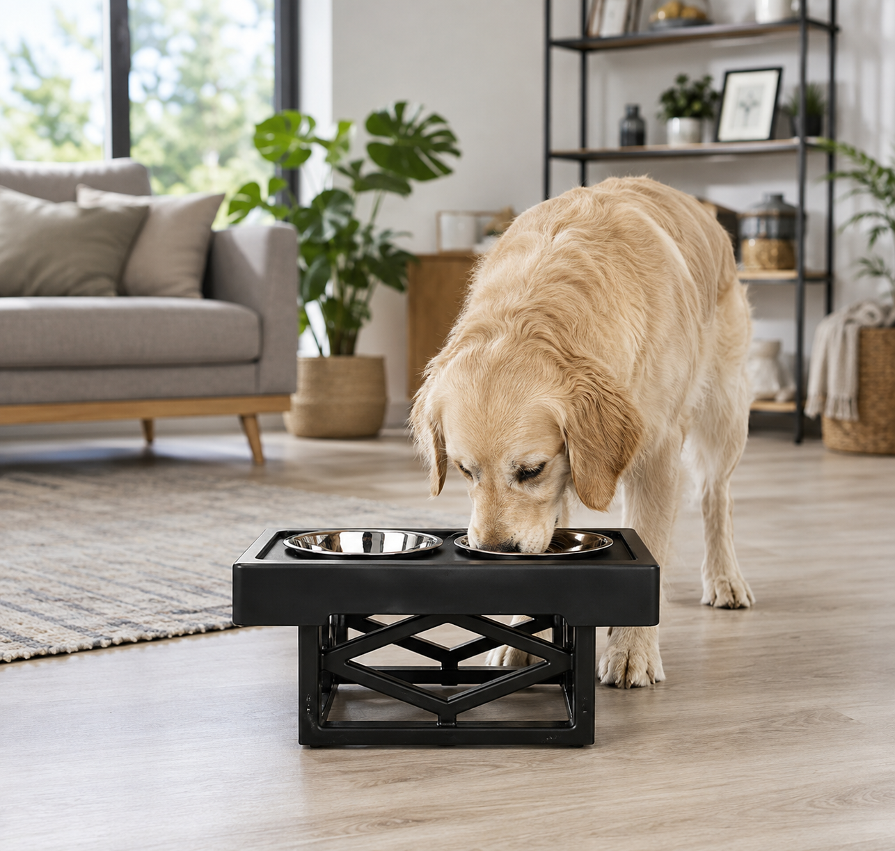 Justerbart matstativ til hund med 2 skåler