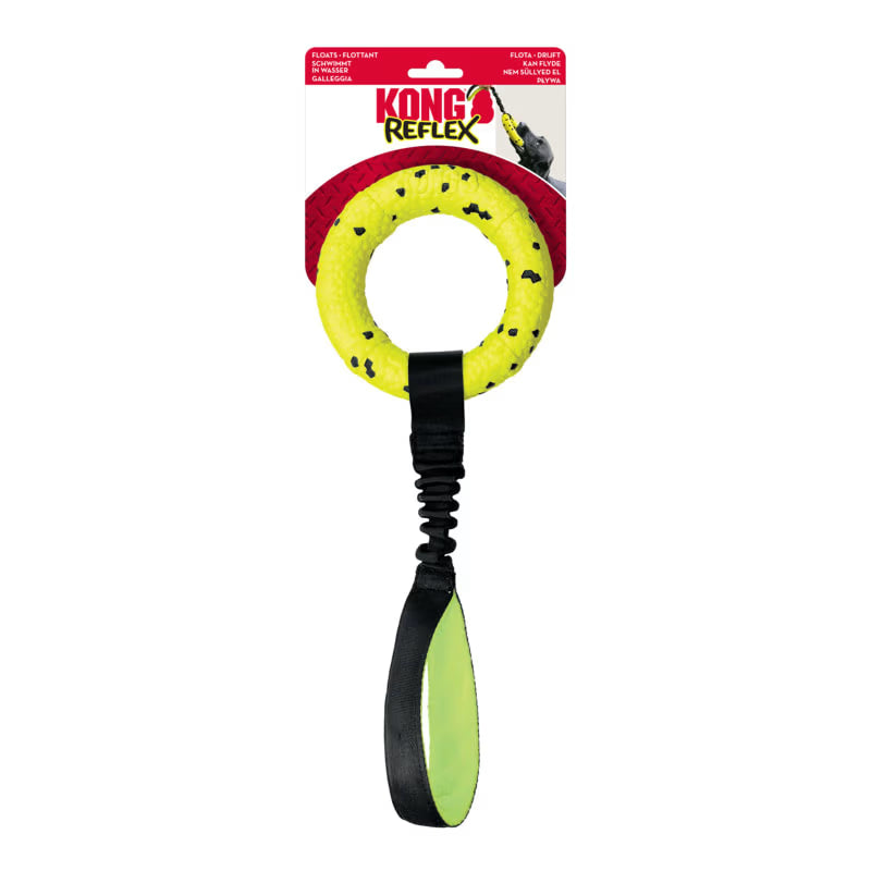 Gul KONG Reflex Tug hundeleke med fleksibel ring og elastisk stropp for drakamp, apport og aktiv lek