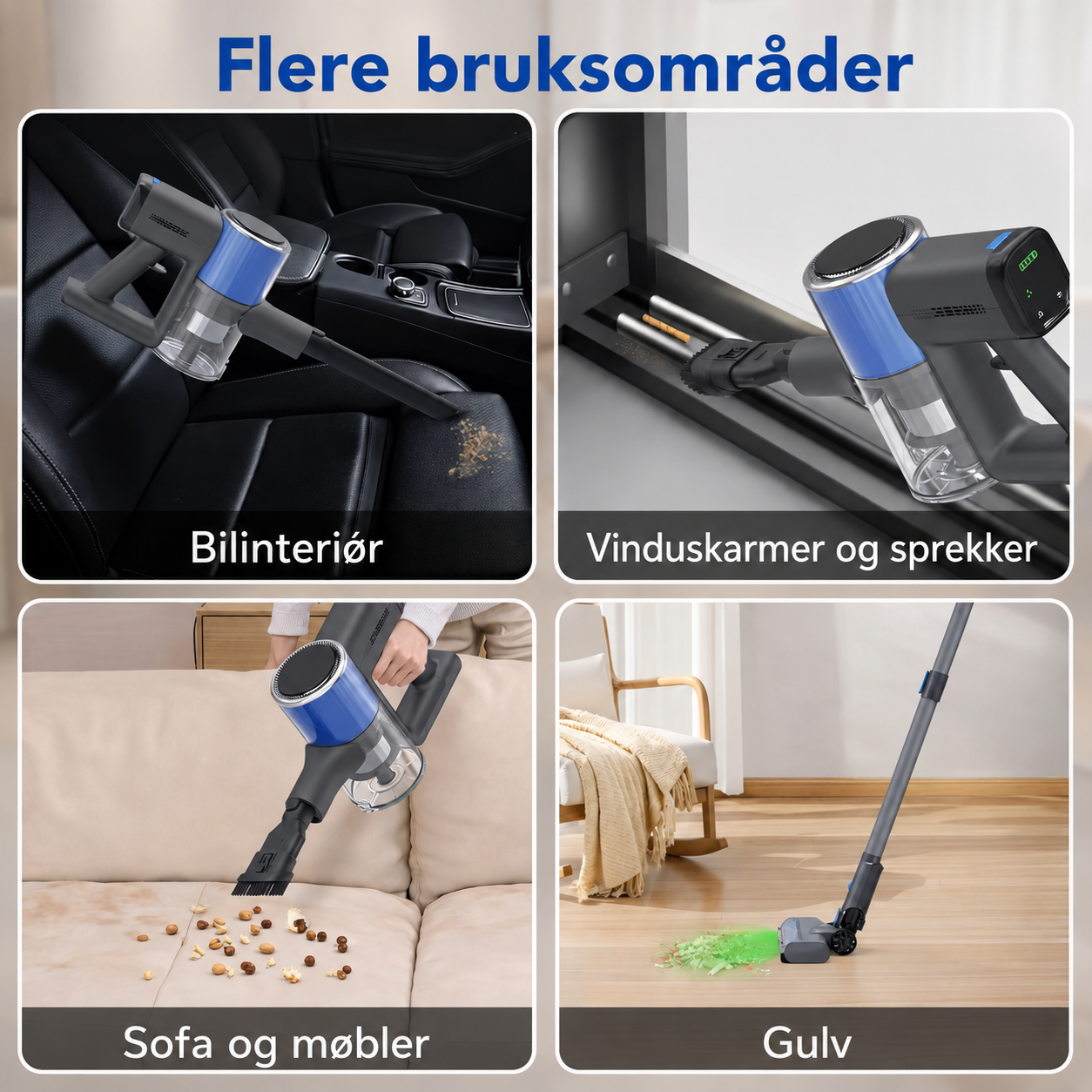 Trådløs støvsuger til rengjøring av bilinteriør, vinduskarmer, møbler og gulv