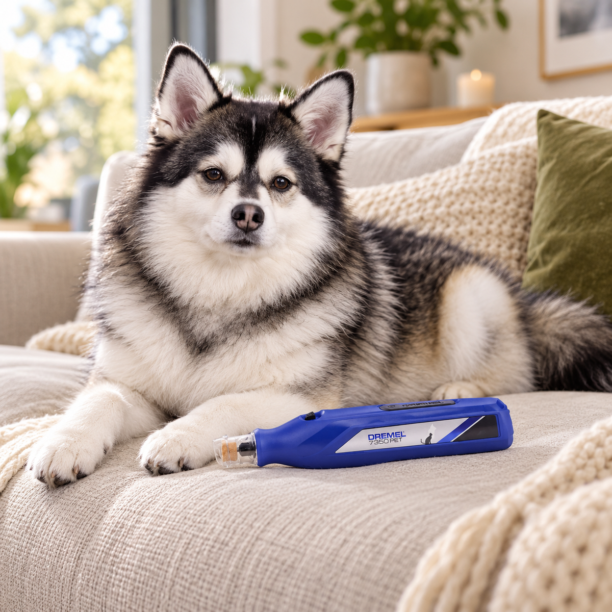 Hund får klørne slipt med Dremel Pet 7350 – oppladbar elektrisk klosliper med beskyttelsesdeksel.