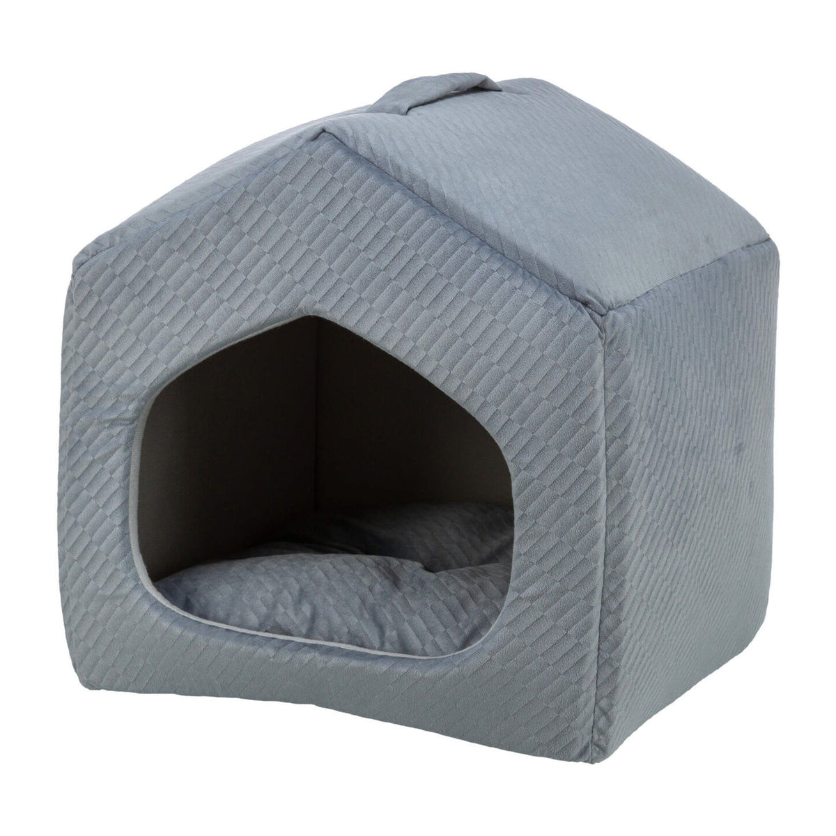 Hundehule Alena Soft Edition i fløyel, blå og grå, på hvit bakgrunn