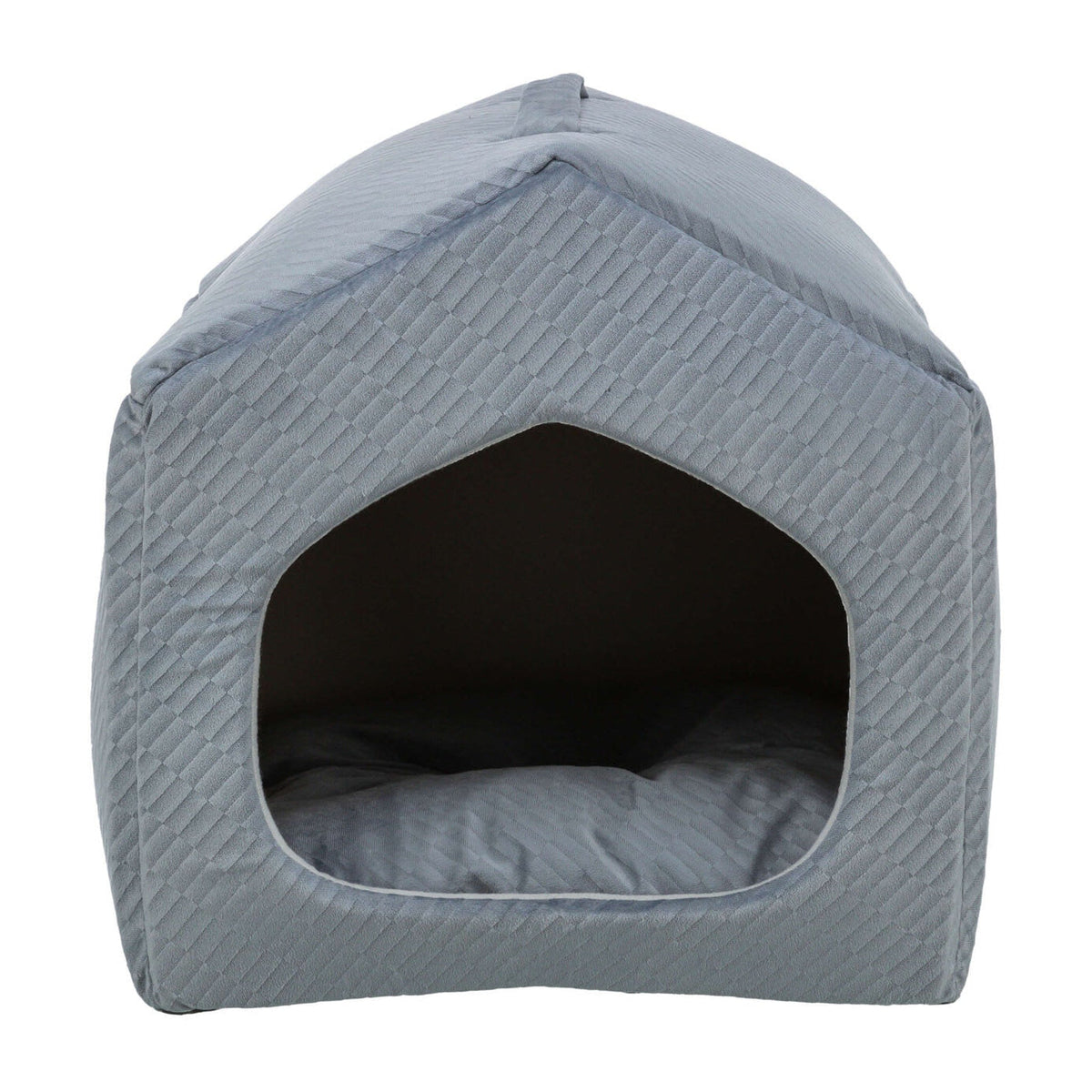 Hundehule Alena Soft Edition i fløyel, blå og grå, på hvit bakgrunn