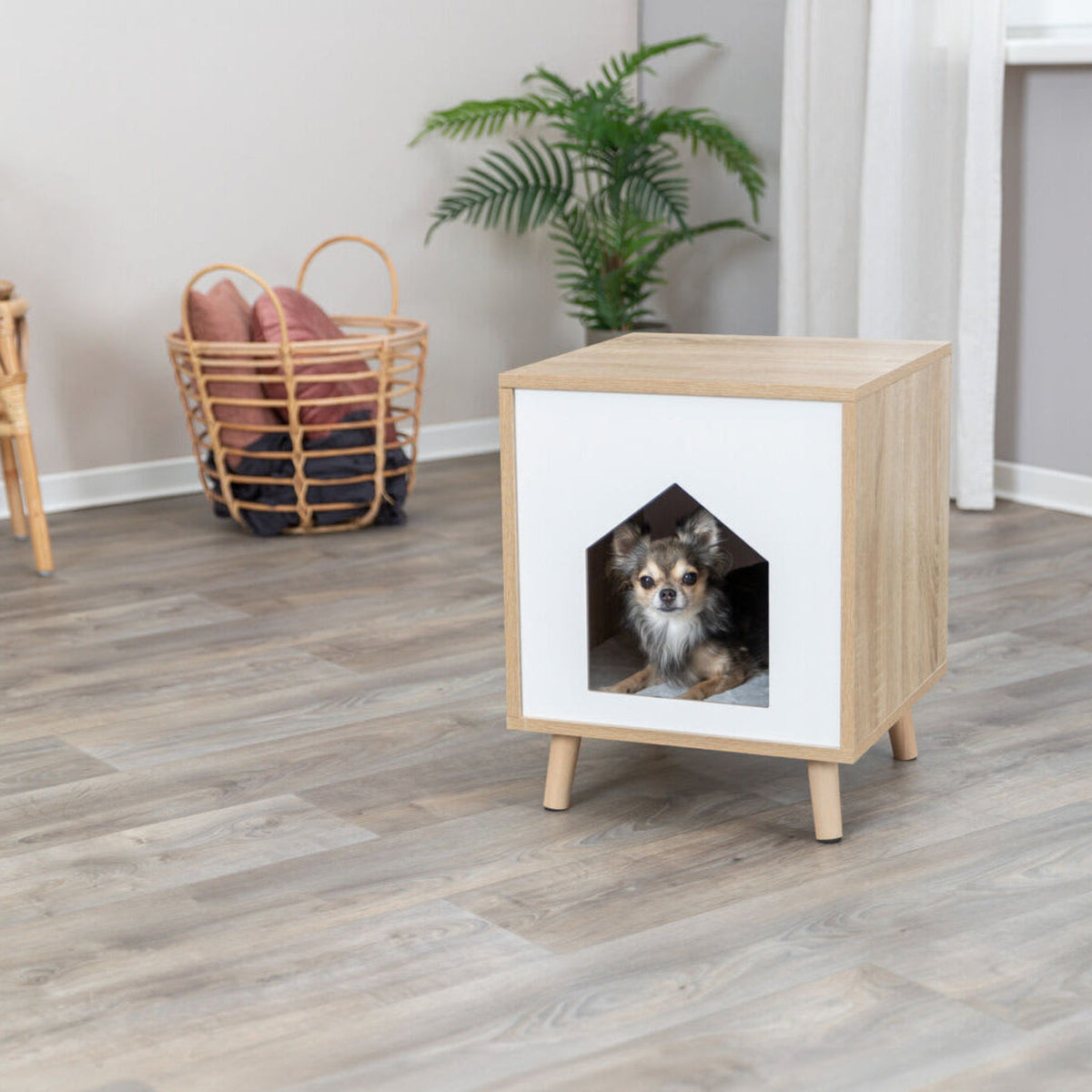 Hund i hundehule Isa Soft Edition i treutseende, lysebrun og hvit