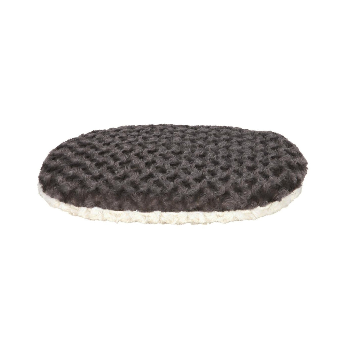 Hundepute Kaline i plysj, krem og grå, på hvit bakgrunn
