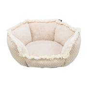Hundeseng Boho i vevd stoff, beige, på hvit bakgrunn