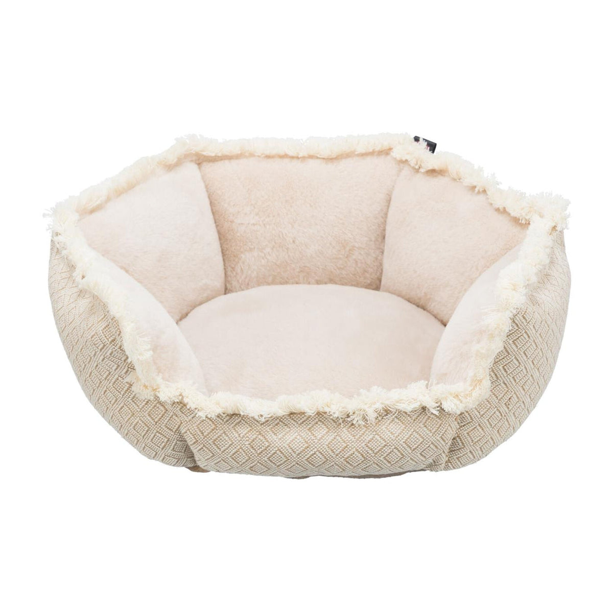 Hundeseng Boho i vevd stoff, beige, på hvit bakgrunn
