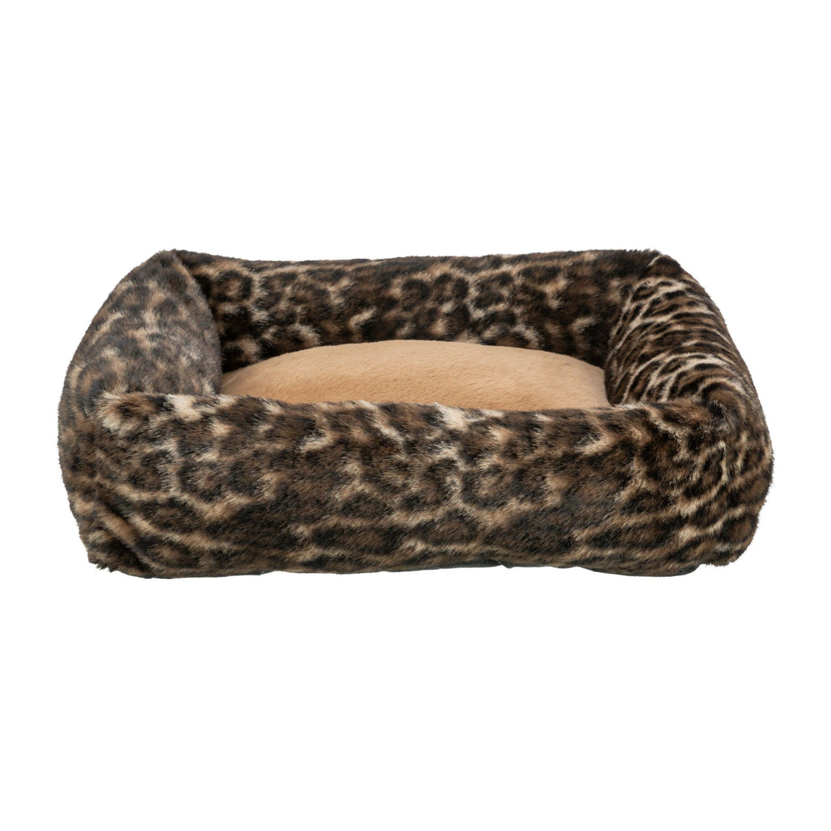 Hundeseng Leo i leopardmønster med avtakbart trekk, brun leopard, på hvit bakgrunn