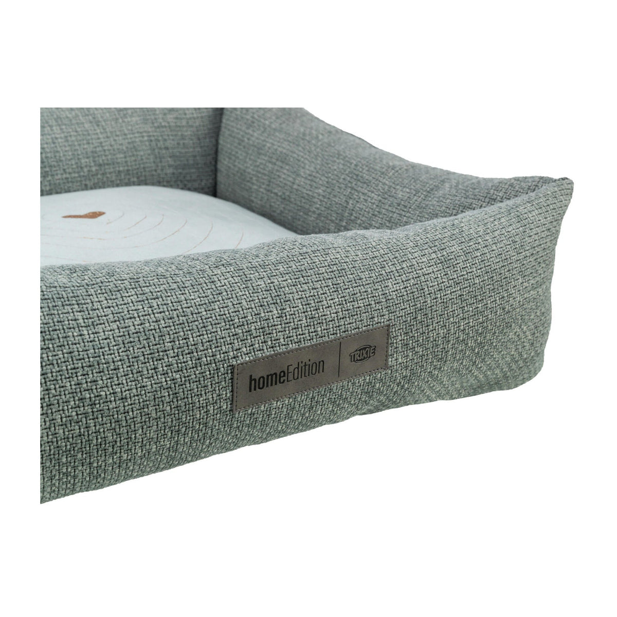 Hundeseng Viviana Home Edition med broderi og avtakbart trekk, blå og grå, på hvit bakgrunn