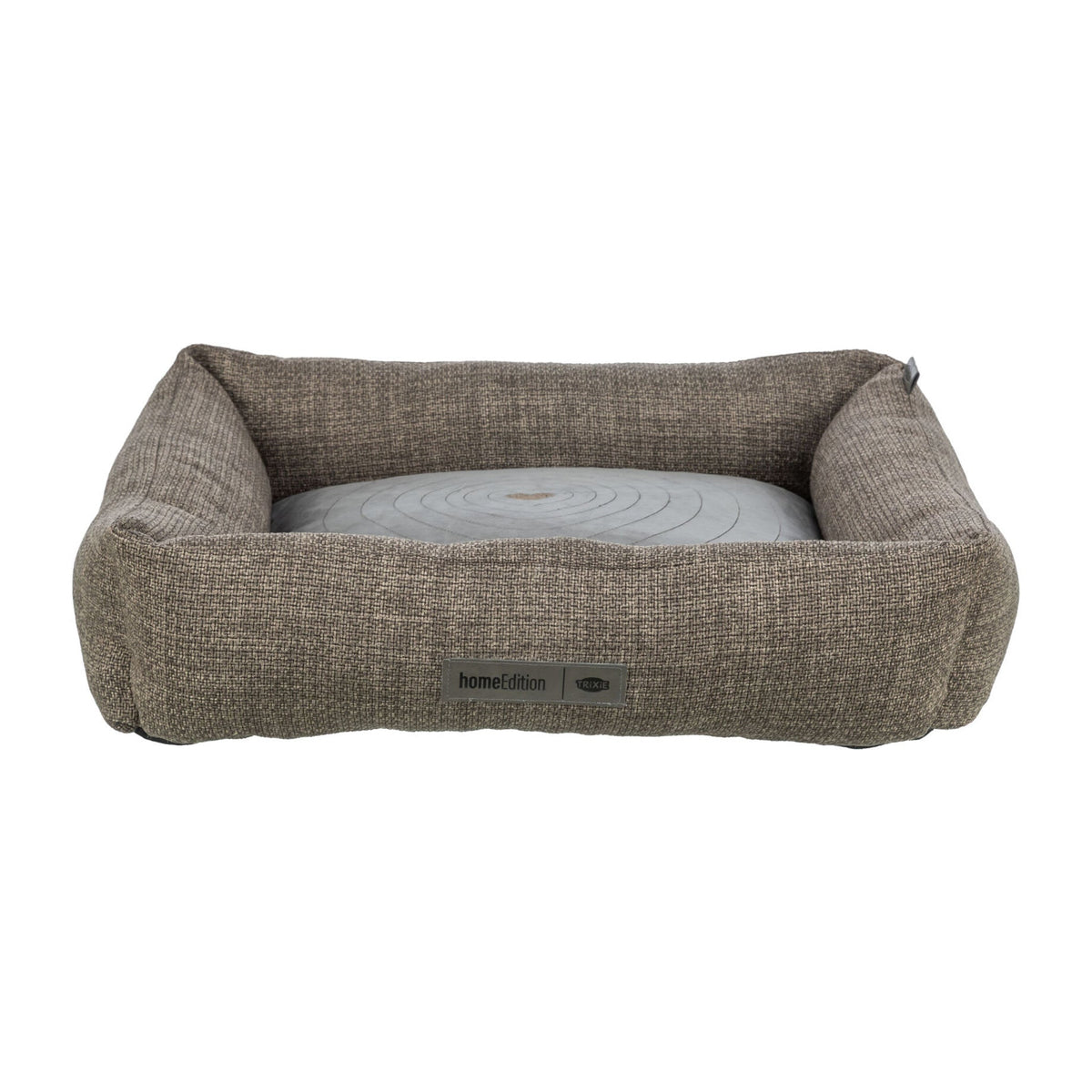 Hundeseng Viviana Home Edition med broderi og avtakbart trekk, brun og antrasitt, på hvit bakgrunn
