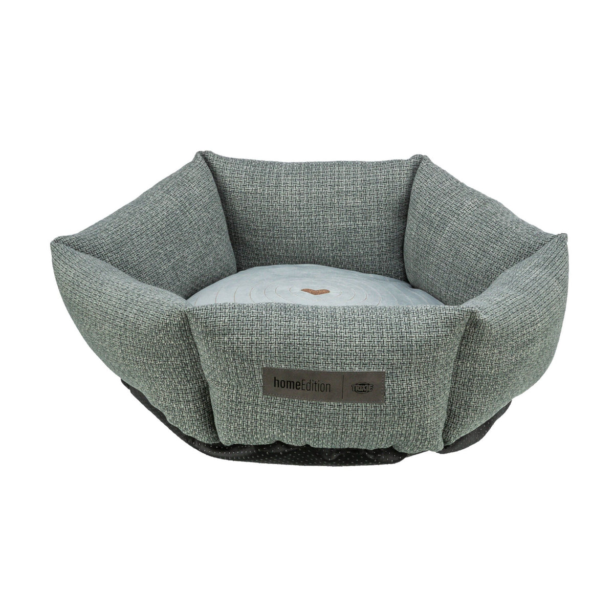 Hundeseng Viviana Home Edition rund med broderi, blå og grå, på hvit bakgrunn