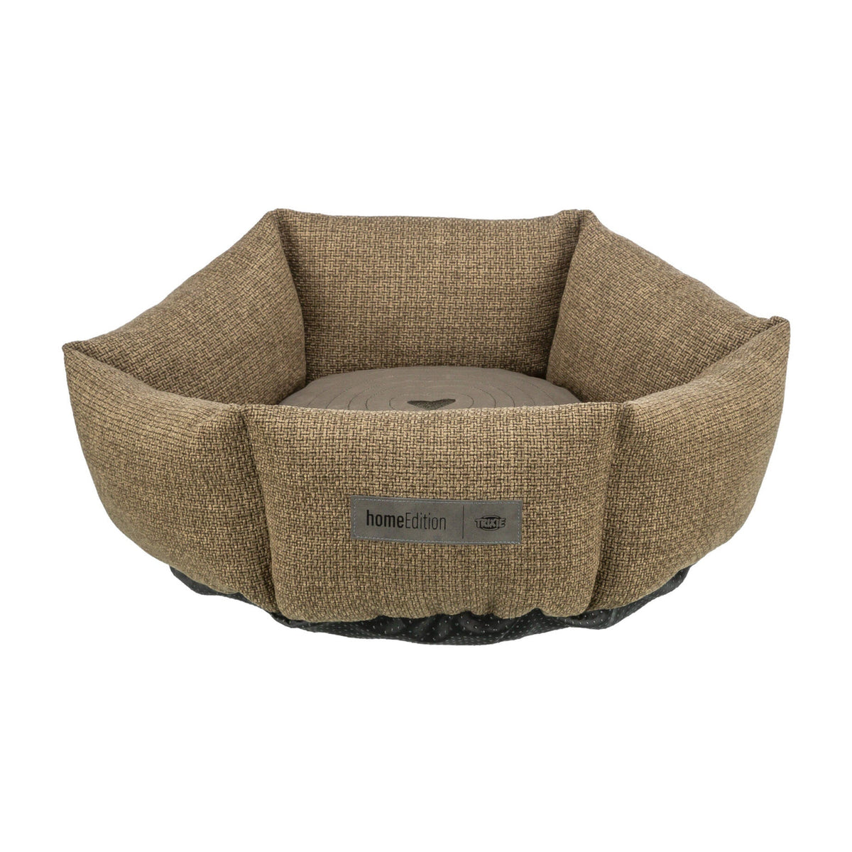 Hundeseng Viviana Home Edition rund med broderi, brun, på hvit bakgrunn