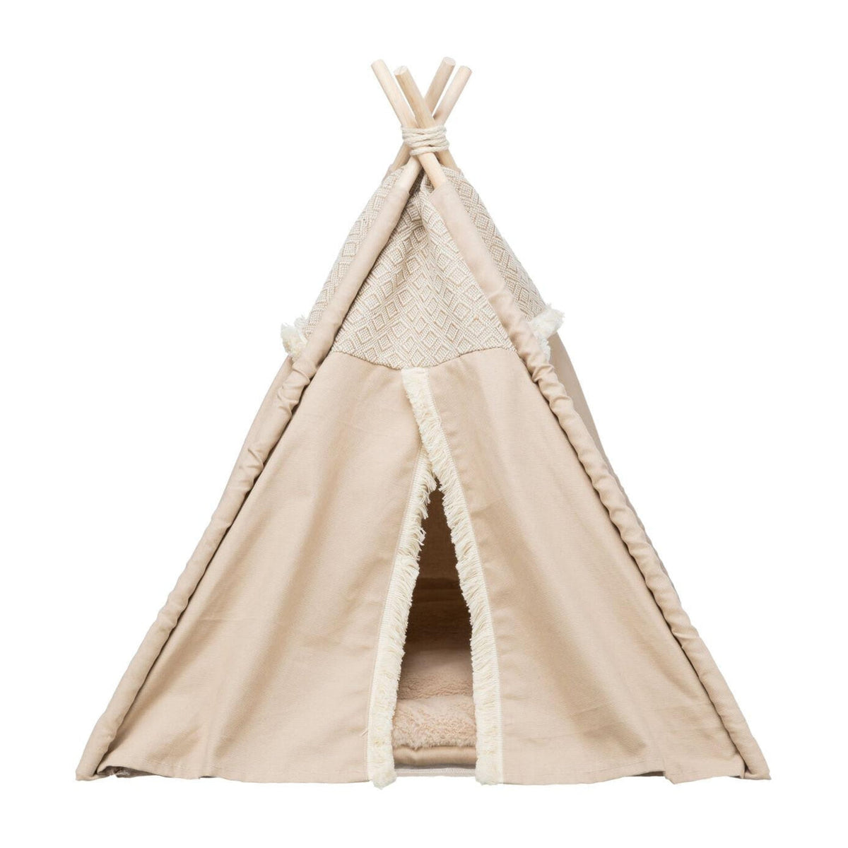 Hundetelt Boho i canvas og jute, beige, på hvit bakgrunn