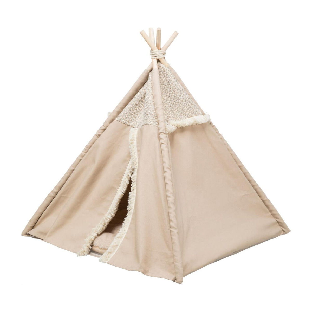 Hundetelt Boho i canvas og jute, beige, på hvit bakgrunn