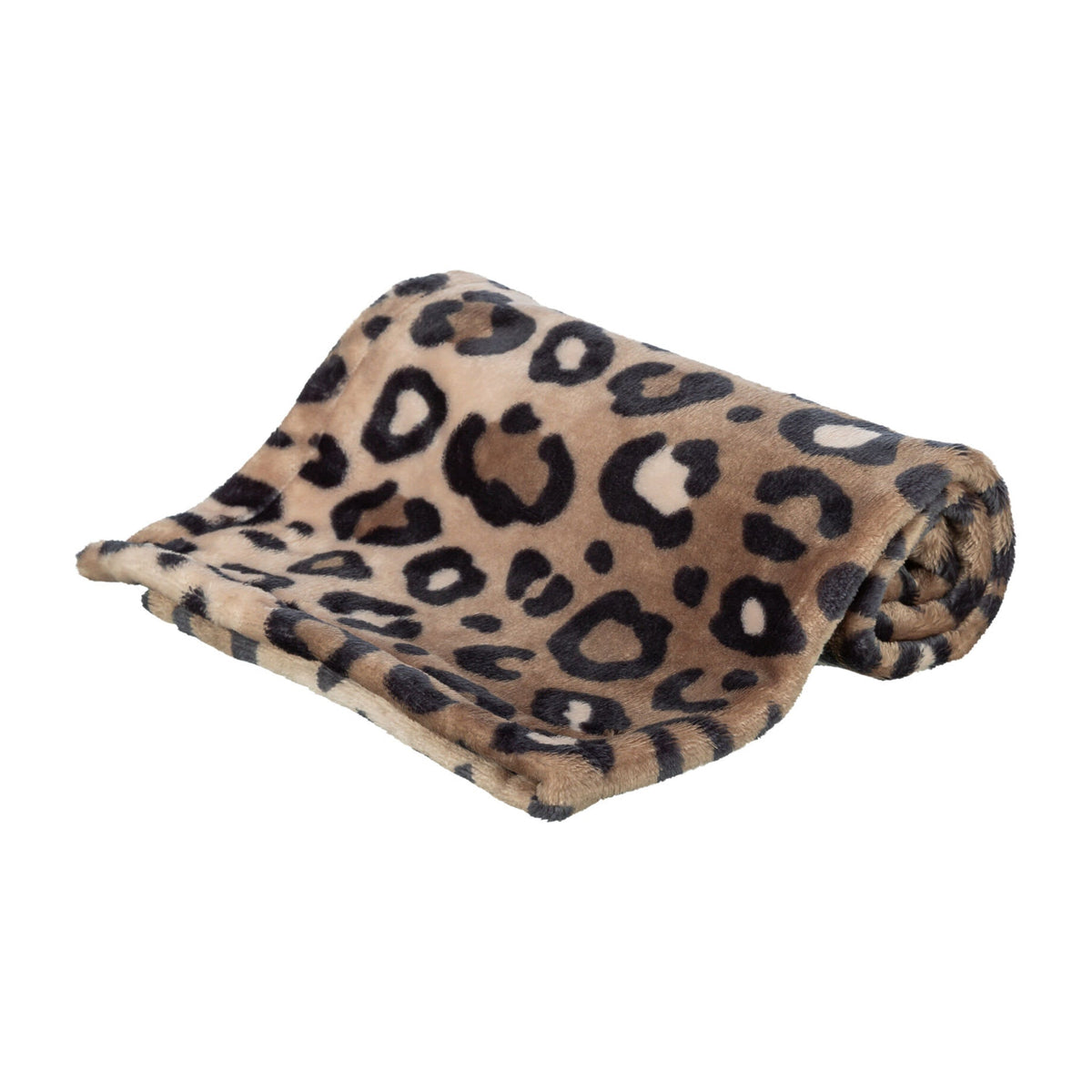 Hundeteppe Leo i softplysj med leopardmønster, brun leopard, på hvit bakgrunn