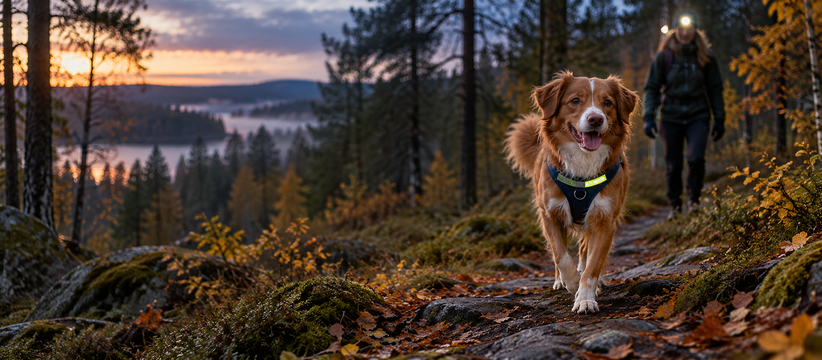 Hund med refleksele på skogsti i høstkveld, eier med hodelykt bak