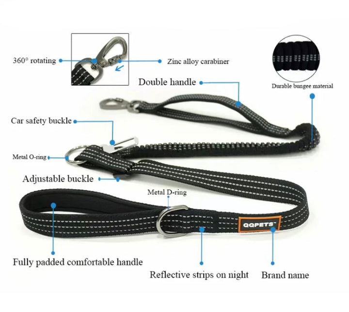 Kobbel med bilselefeste - Elastisk kobbel - QQPETS - Hundevennen