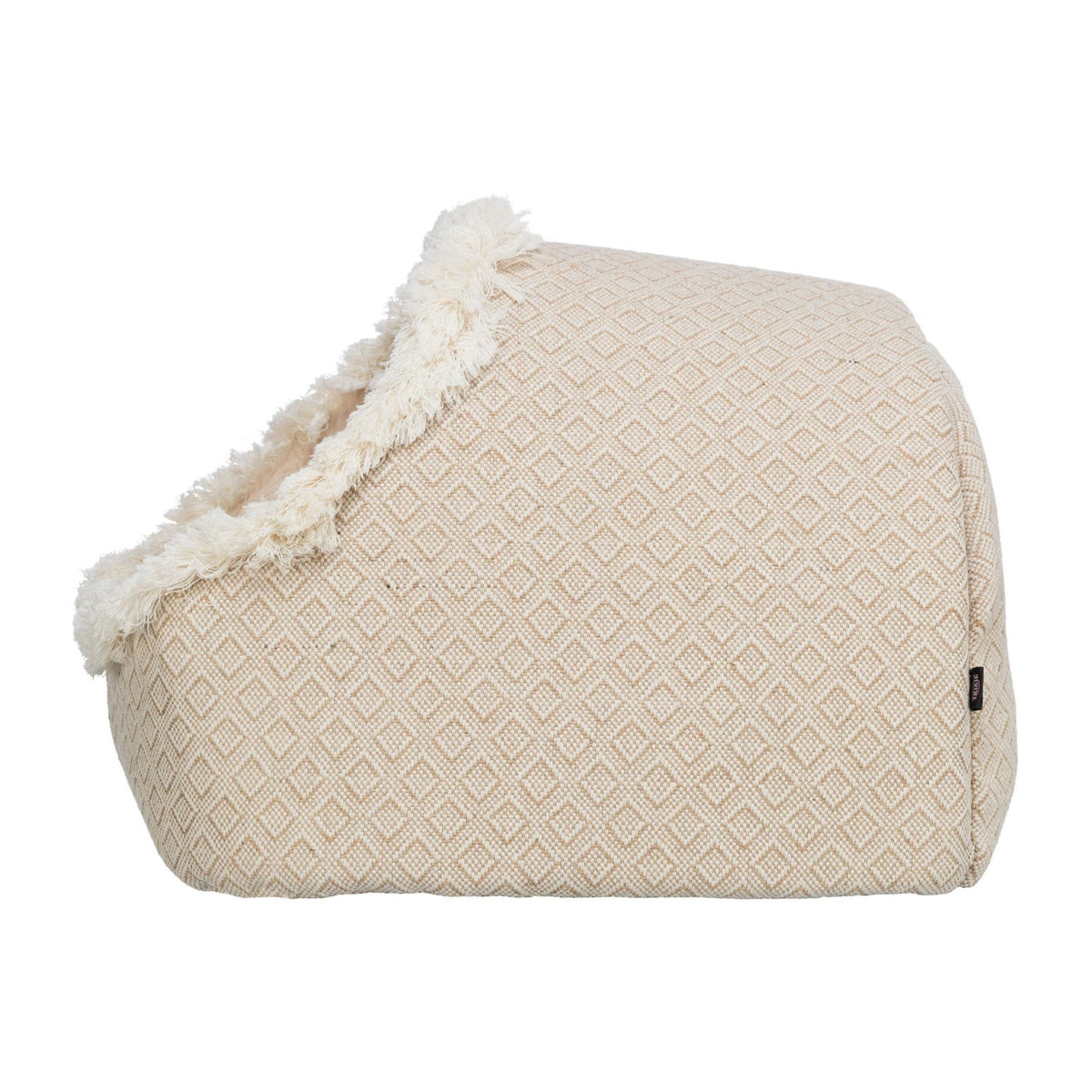 Kattehule Boho i vevd stoff og jute, beige, på hvit bakgrunn
