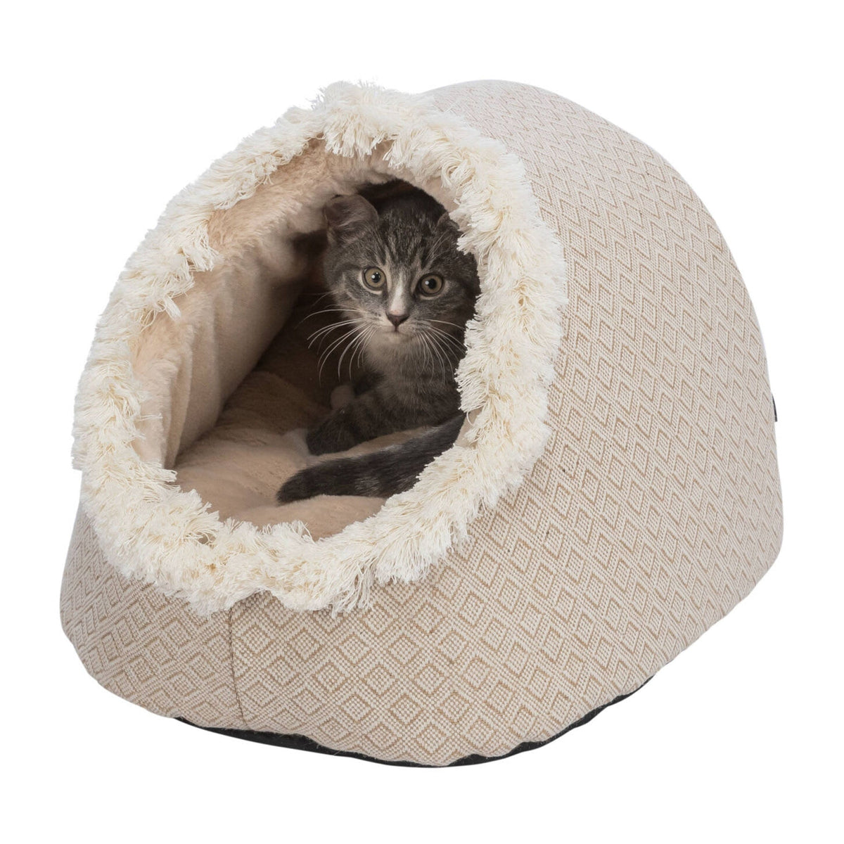 Katt i kattehule Boho i vevd stoff og jute, beige