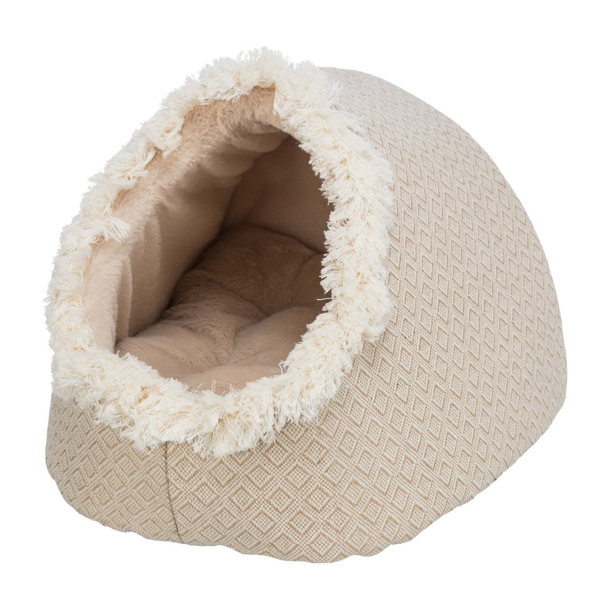 Kattehule Boho i vevd stoff og jute, beige, på hvit bakgrunn