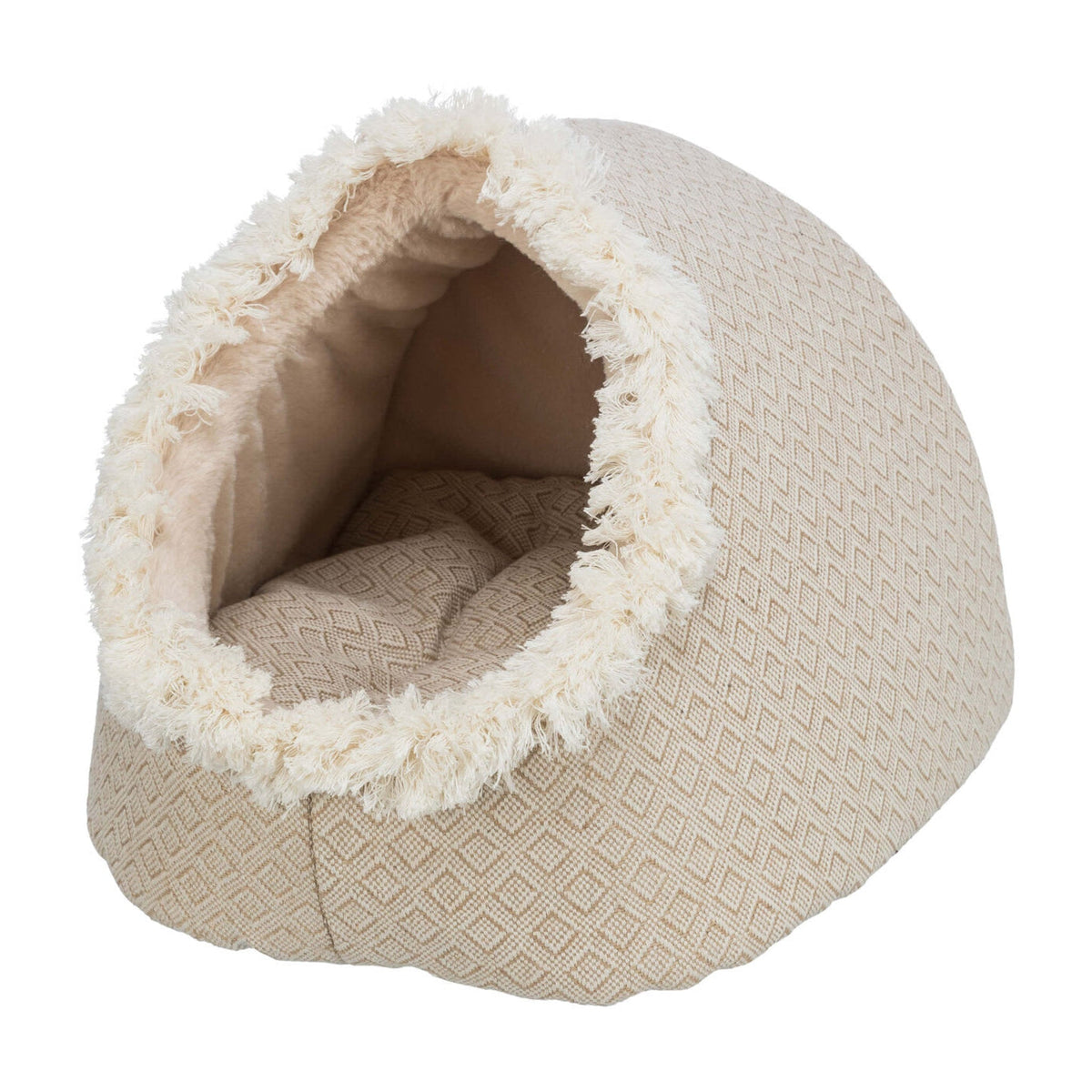 Kattehule Boho i vevd stoff og jute, beige, på hvit bakgrunn