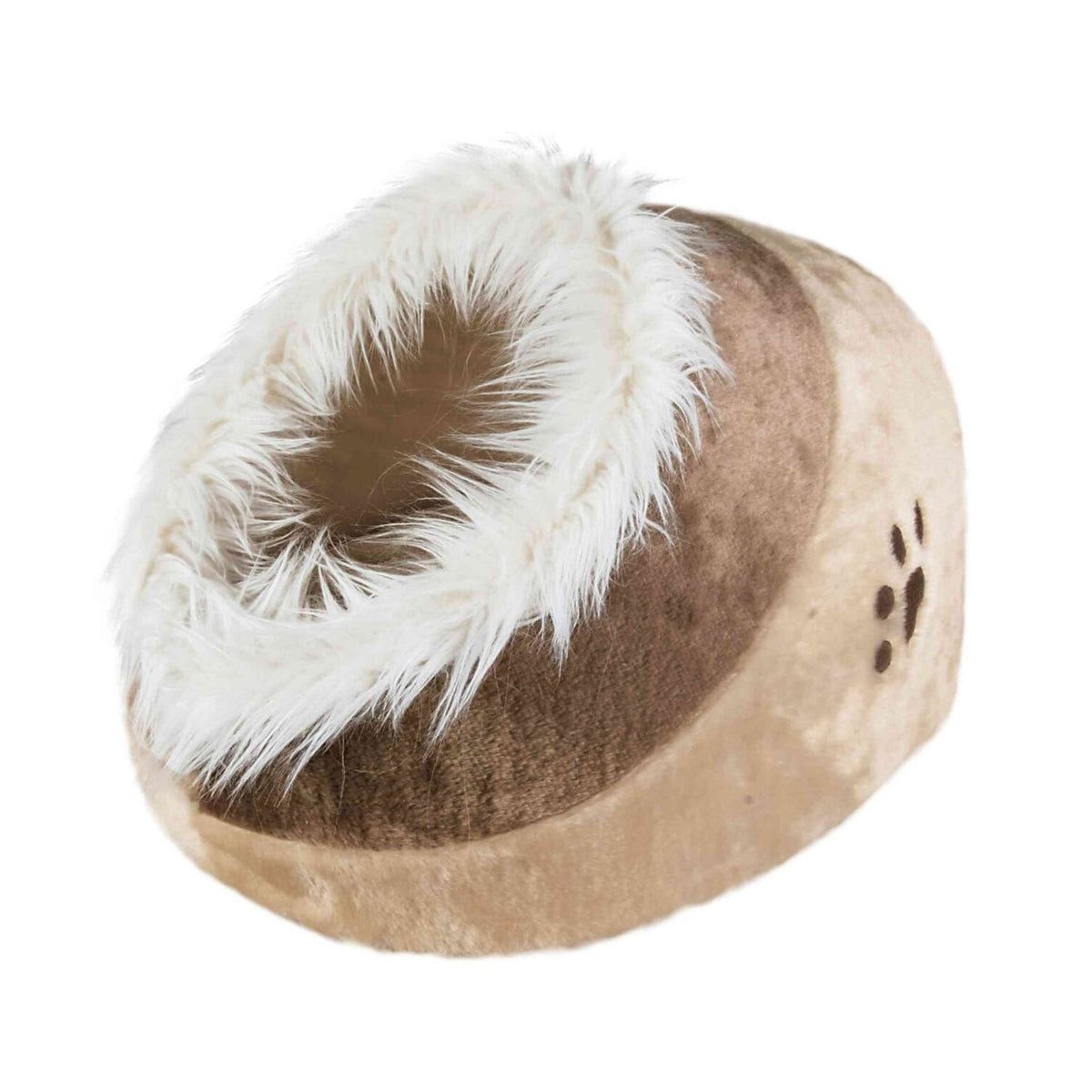 Kattehule Minou i plysj, beige og brun, på hvit bakgrunn