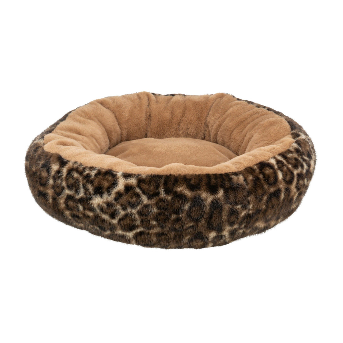 Katteseng Leo rund i softplysj med leopardmønster, brun leopard, på hvit bakgrunn