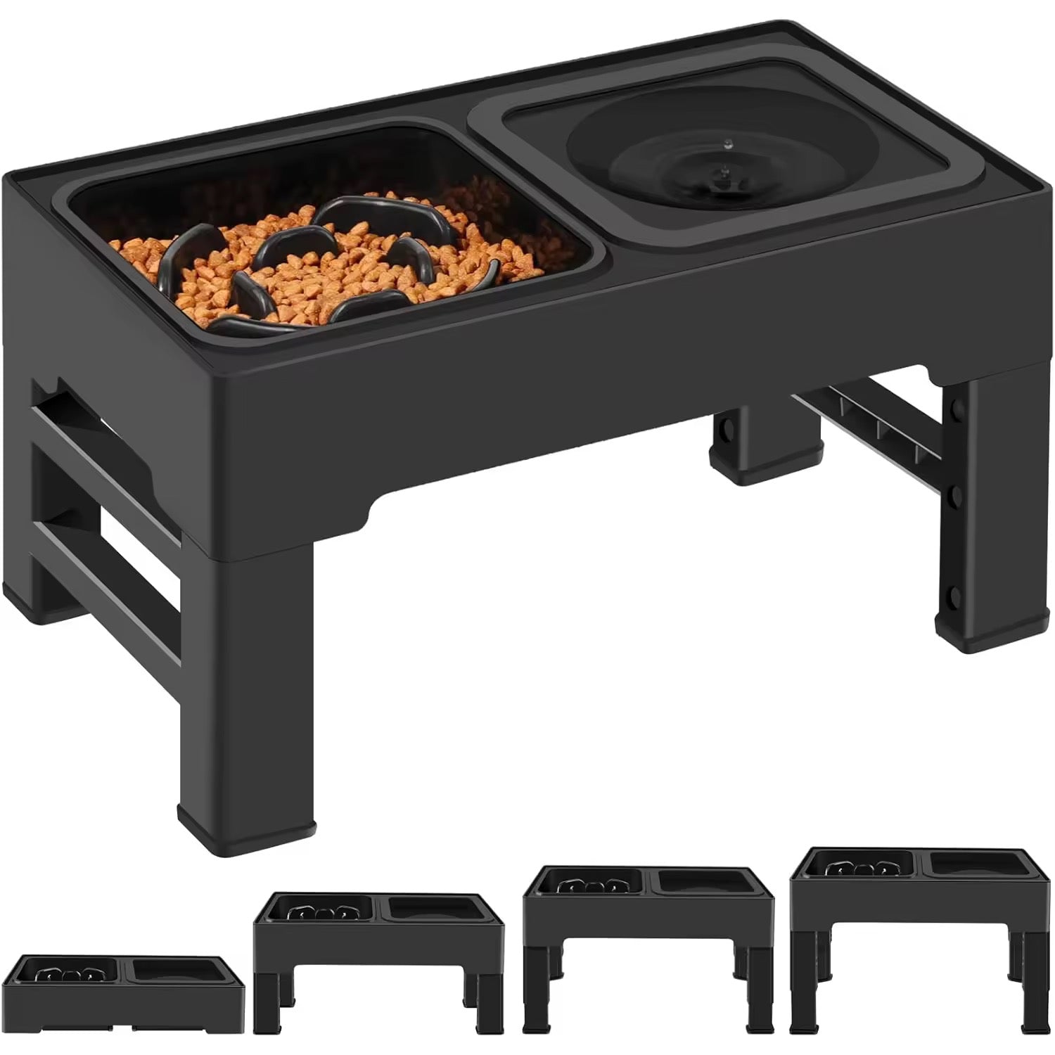 Hevet hundebar med justerbar høyde – slow feeder & anti-søl vannskål