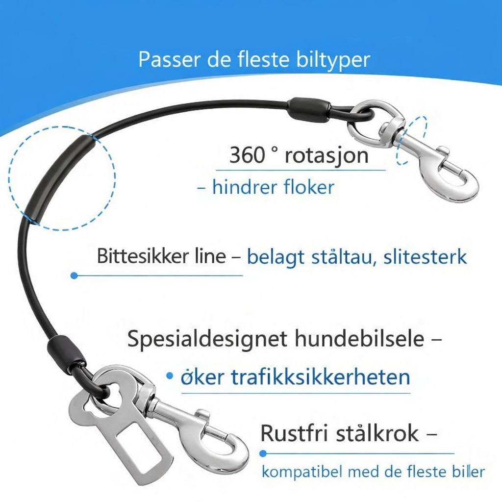 Belte til hund med stålwire. Krok som roterer 360 grader