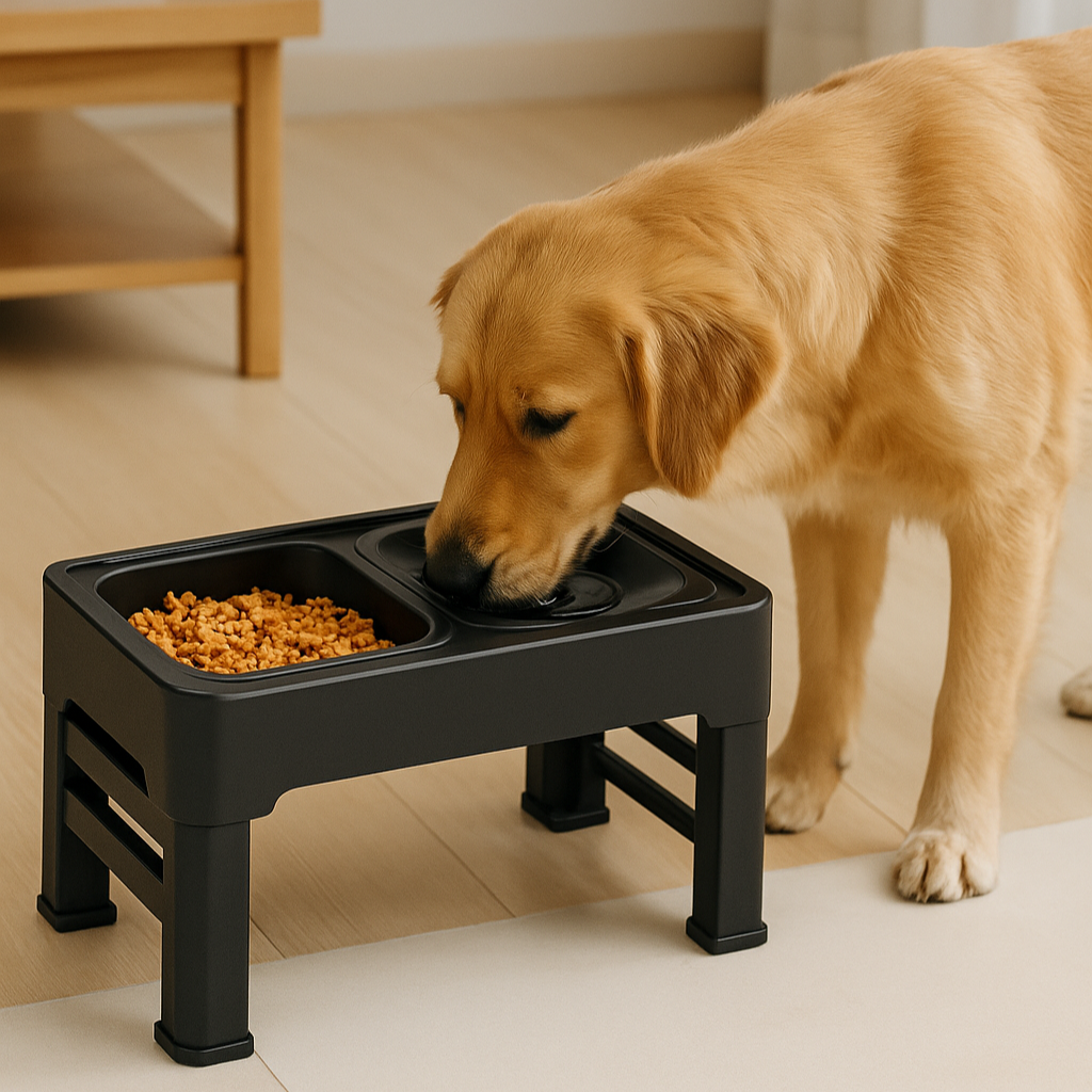 Hevet hundebar med justerbar høyde – slow feeder & anti-søl vannskål